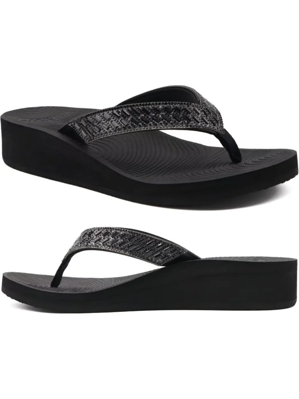 Women's Black Comfortable Rhinestone Support Casual Flip Flops Stylish Sandals